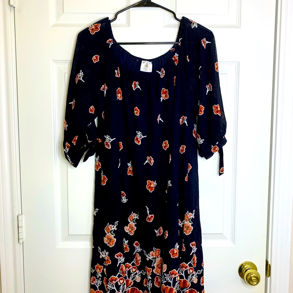 XL Navy Blue 3/4 Sleeve Floral Dress